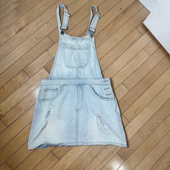 FOREVER 21 Distressed Denim Jeans Overalls Dress Skirt Size Small - Picture 2 of 8